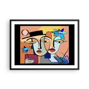 Poster in einem schwarzem Rahmen - Kubistische Porträts in leuchtenden Farben mit floralem Motiv - 70x50cm - Picassos randez vous - Moderne Wanddekoration für Wohnzimmer und Schlafzimmer ARTTOR