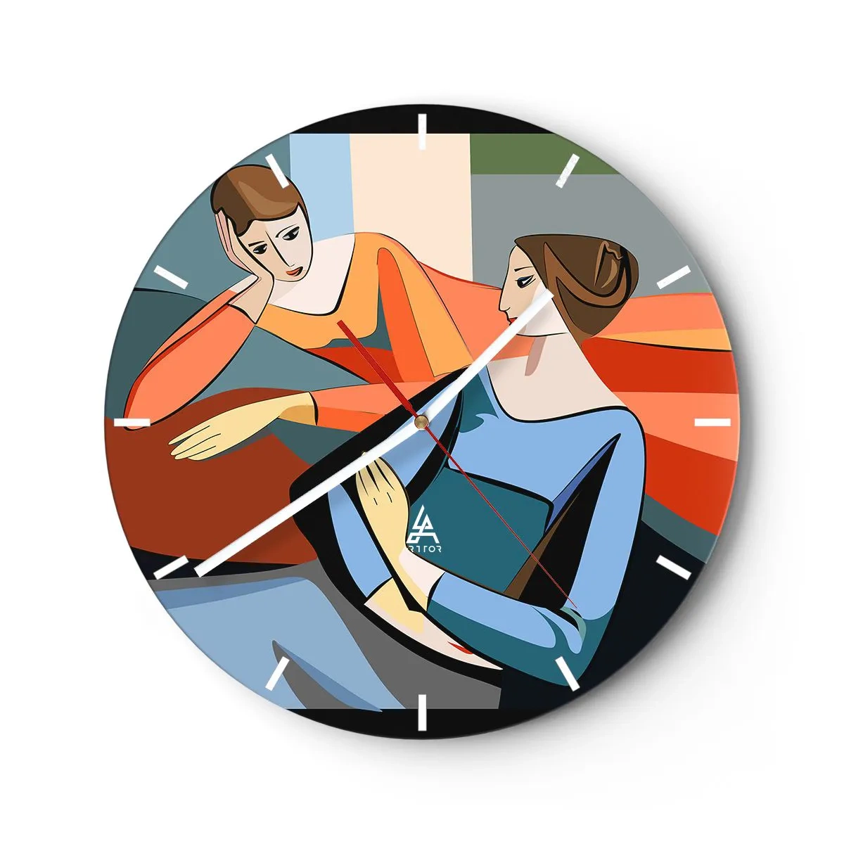 Wanduhr - Glasuhr - Zwei Frauen im geometrischen Stil auf buntem Hintergrund - 30x30cm - Moment der Zuversicht - Moderne Wanddekoration für Wohnzimmer, Küche und Schlafzimmer ARTTOR