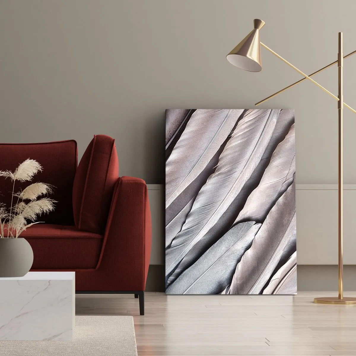 Bild auf Leinwand - Leinwandbild - Zarte Federn in dezenten Grau- und Beigetönen - 80x120cm - In rosa Silber - Moderne Wanddekoration für Wohnzimmer und Schlafzimmer ARTTOR