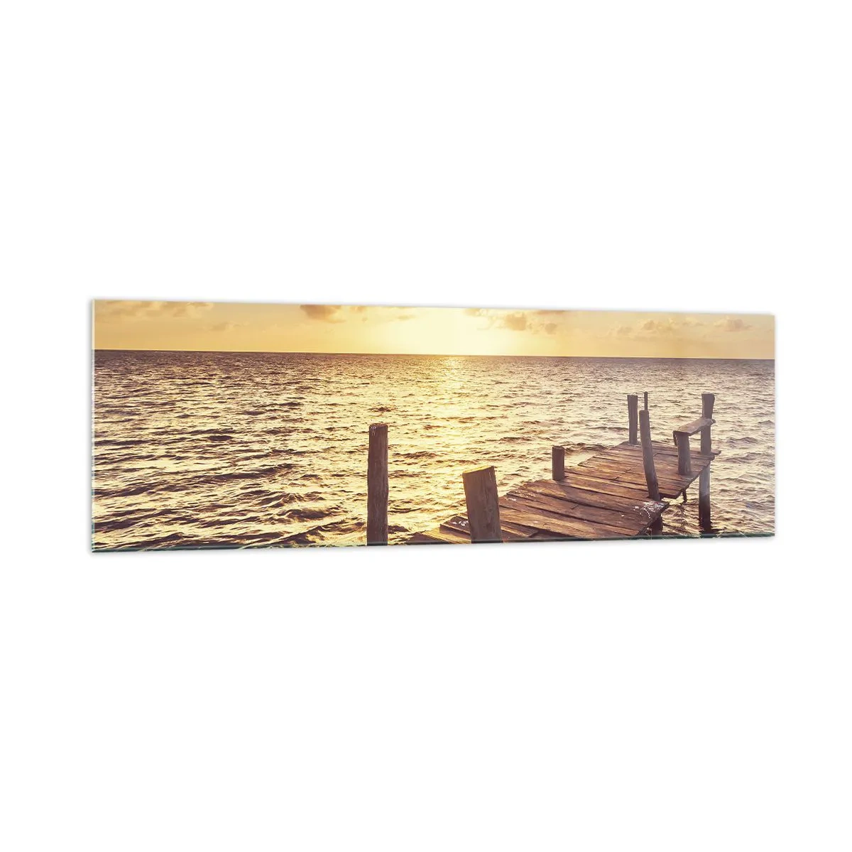 Glasbild - Bild auf glas - Ein Holzsteg führt in Richtung Sonnenuntergang - 160x50cm - Das goldene Land der Sanftmut - Moderne Wanddekoration für Wohnzimmer und Schlafzimmer ARTTOR