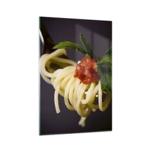 Glasbild - Bild auf glas - Spaghetti auf einer Gabel mit Tomatensauce und Petersilie - 70x100cm - Ein leckerer Bissen - Moderne Wanddekoration für Wohnzimmer und Schlafzimmer ARTTOR