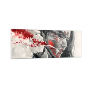 Glasbild - Bild auf glas - Künstlerisches Frauenportrait mit abstrakten roten Akzenten - 140x50cm - Im Dunst der Absurdität - Moderne Wanddekoration für Wohnzimmer und Schlafzimmer ARTTOR