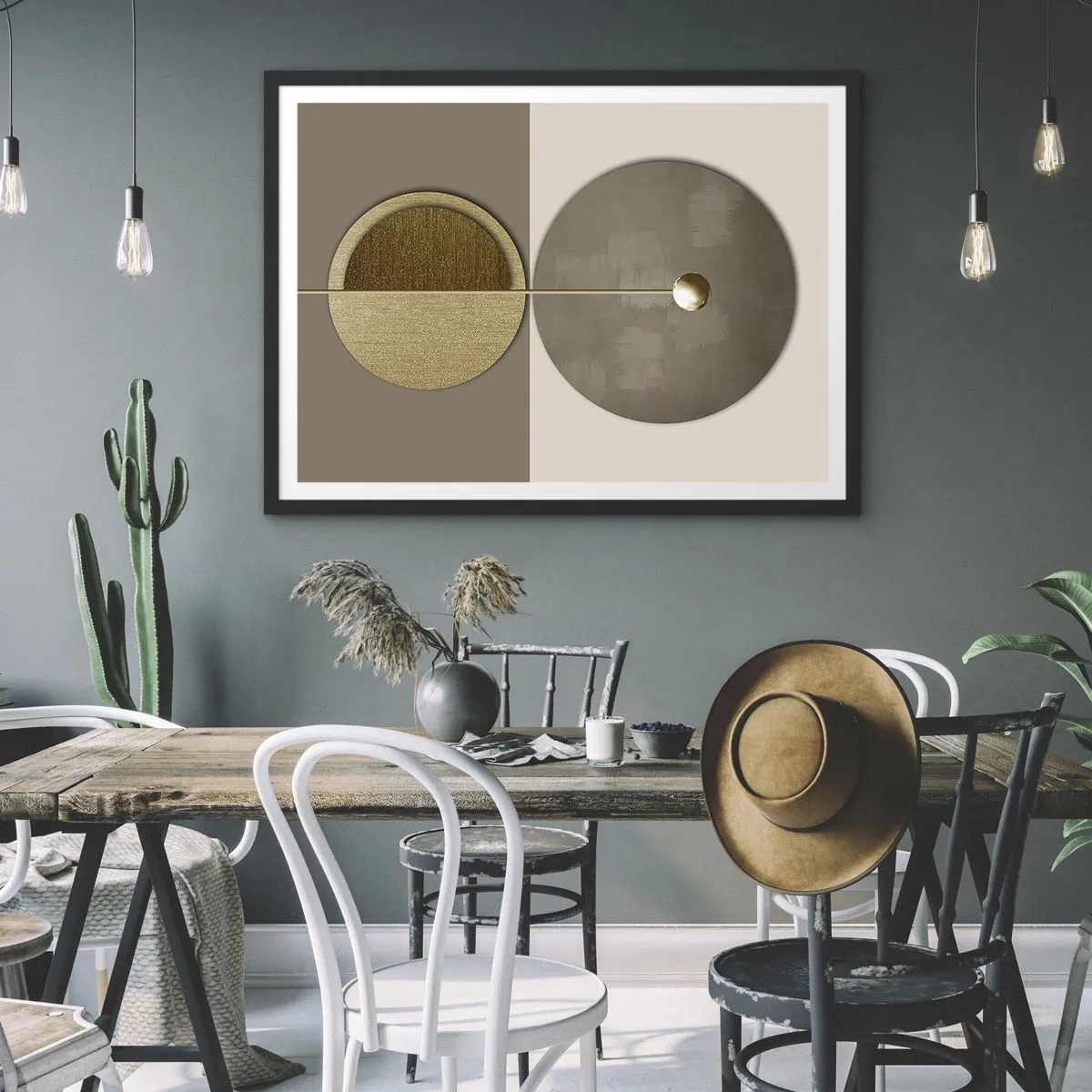Poster in einem schwarzem Rahmen - Abstrakte Kreise in Gold- und Beigetönen - 100x70cm - Perfekte Balance - Moderne Wanddekoration für Wohnzimmer und Schlafzimmer ARTTOR
