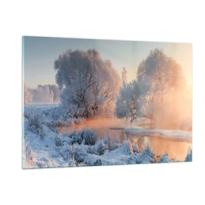 Glasbild - Bild auf glas - Winterlandschaft mit zugefrorenem See und Morgennebel - 120x80cm - Alles im Kristall glänzt in der Sonne - Moderne Wanddekoration für Wohnzimmer und Schlafzimmer ARTTOR
