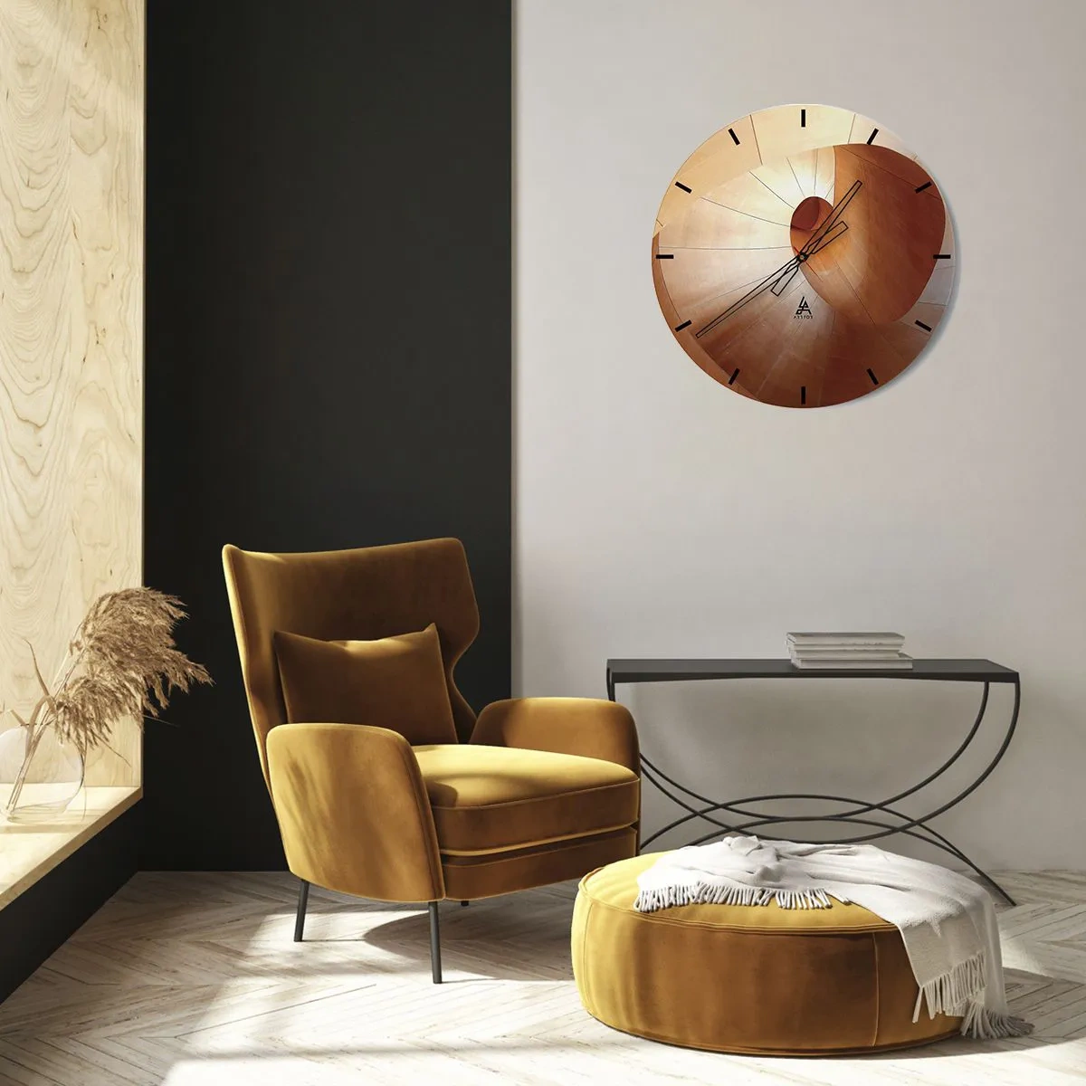 Wanduhr - Glasuhr - Hölzerne Wendeltreppe im organischen Stil - 30x30cm - Architektonische Serpentine - Moderne Wanddekoration für Wohnzimmer, Küche und Schlafzimmer ARTTOR