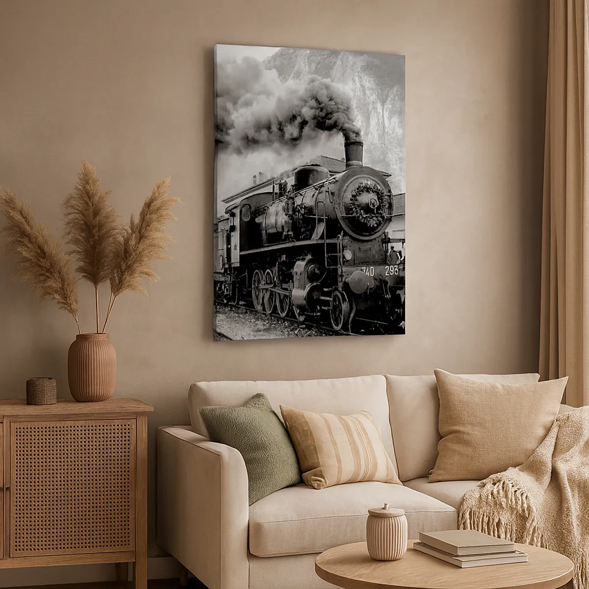 Bild auf Leinwand - Leinwandbild - Eine schwarz-weiße Dampflokomotive vor einer Berglandschaft - 50x70cm - Steht am Bahnhof ... - Moderne Wanddekoration für Wohnzimmer und Schlafzimmer ARTTOR