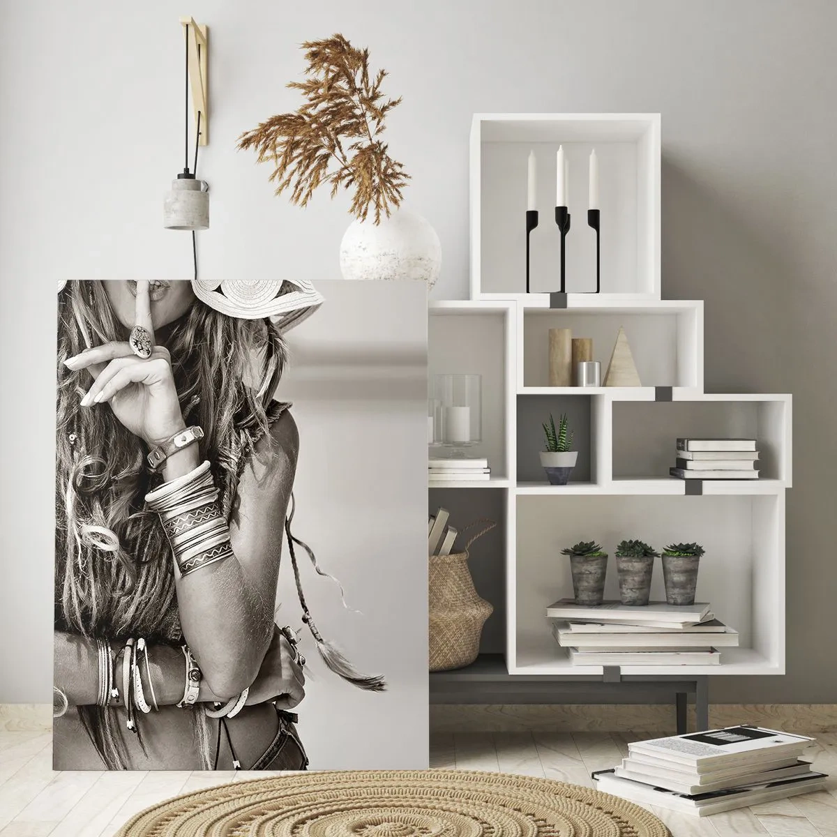 Glasbild - Bild auf glas - Porträt einer Boho-Frau mit Schmuck - 80x120cm - Wieso ein Mädchen - Moderne Wanddekoration für Wohnzimmer und Schlafzimmer ARTTOR