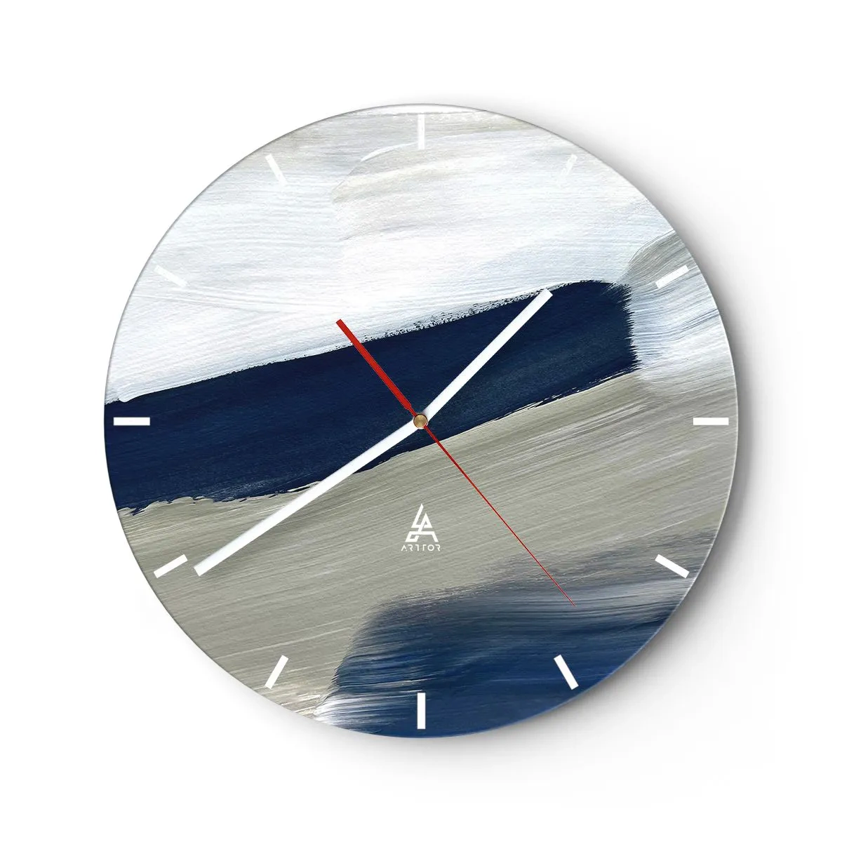 Wanduhr - Glasuhr - Abstrakte Pinselstriche in Weiß und Marineblau - 30x30cm - Begegnung mit dem Weißsein - Moderne Wanddekoration für Wohnzimmer, Küche und Schlafzimmer ARTTOR
