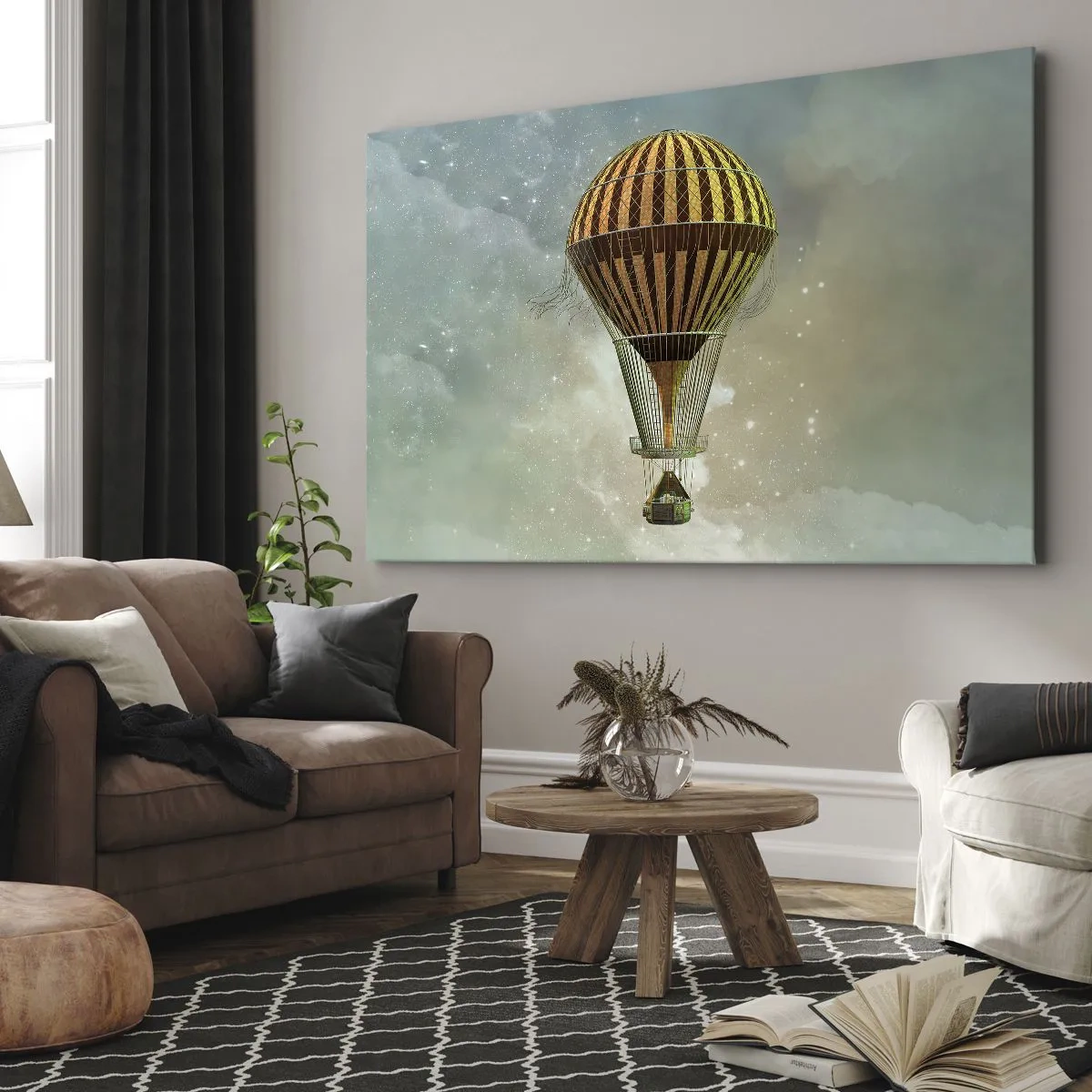 Bild auf Leinwand - Leinwandbild - Ein Heißluftballon, der zwischen den Wolken schwebt - 120x80cm - Pionierflüge - Moderne Wanddekoration für Wohnzimmer und Schlafzimmer ARTTOR