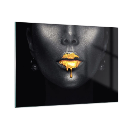 Glasbild - Bild auf glas - Schwarz-goldenes Porträt einer Frau mit glänzenden Lippen - 100x70cm - Goldmaul - Moderne Wanddekoration für Wohnzimmer und Schlafzimmer ARTTOR