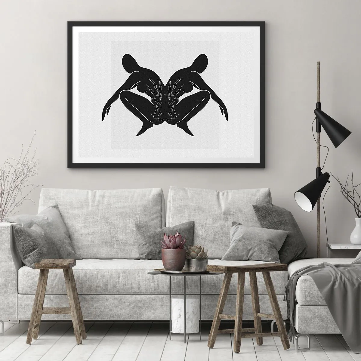 Poster in einem schwarzem Rahmen - Schwarze Silhouetten in symmetrischer Position auf weißem Hintergrund - 100x70cm - Gemeinsame Seele - Moderne Wanddekoration für Wohnzimmer und Schlafzimmer ARTTOR