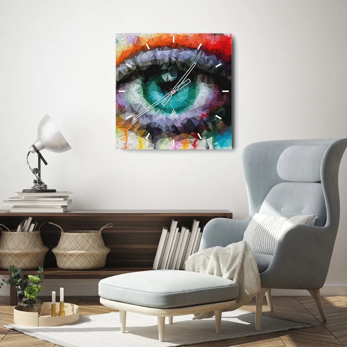 Wanduhr - Glasuhr - Geometrischer Look mit grünem Auge - 30x30cm - Kristallines Leuchten der Augen - Moderne Wanddekoration für Wohnzimmer und Schlafzimmer ARTTOR