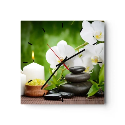 Wanduhr - Glasuhr - Orchideen, Kerzen und Steine inmitten der Natur - 30x30cm - Duftige, blumige, zarte Berührung - Moderne Wanddekoration für Wohnzimmer und Schlafzimmer ARTTOR