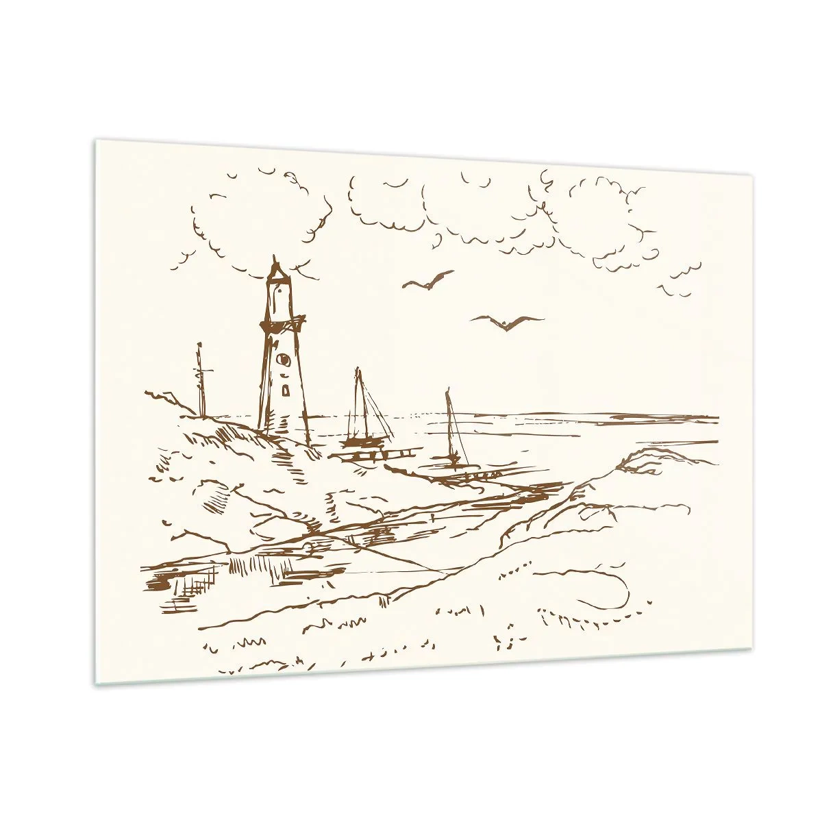 Glasbild - Bild auf glas - Skizze eines Leuchtturms in einer Küstenlandschaft - 100x70cm - Ein Überblick über die Erinnerungen an den Sommer - Moderne Wanddekoration für Wohnzimmer und Schlafzimmer ARTTOR