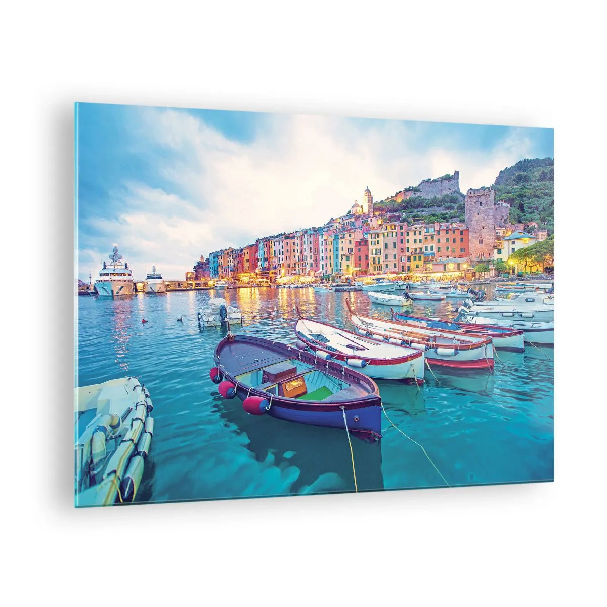 Glasbild - Bild auf glas - Abendlicher Blick auf Cinque Terre mit seinen farbenfrohen Gebäuden - 70x50cm - Bunter Abend im Hafen - Moderne Wanddekoration für Wohnzimmer und Schlafzimmer ARTTOR