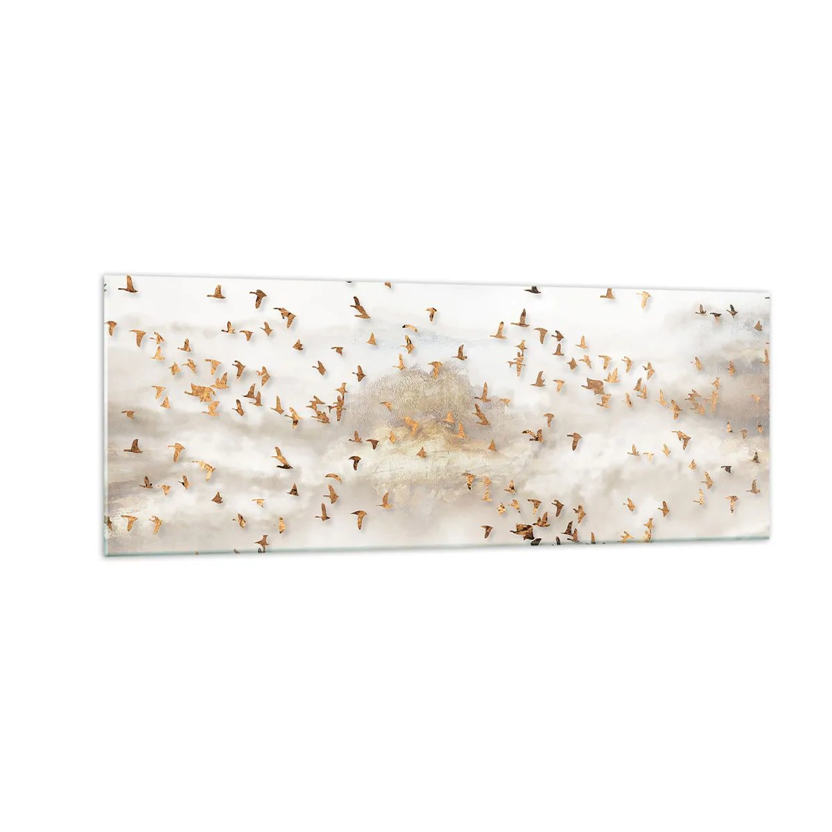 Glasbild - Bild auf glas - Goldene Vögel vor den nebligen Bergen - 140x50cm - Es ist schon die Zeit… - Moderne Wanddekoration für Wohnzimmer und Schlafzimmer ARTTOR