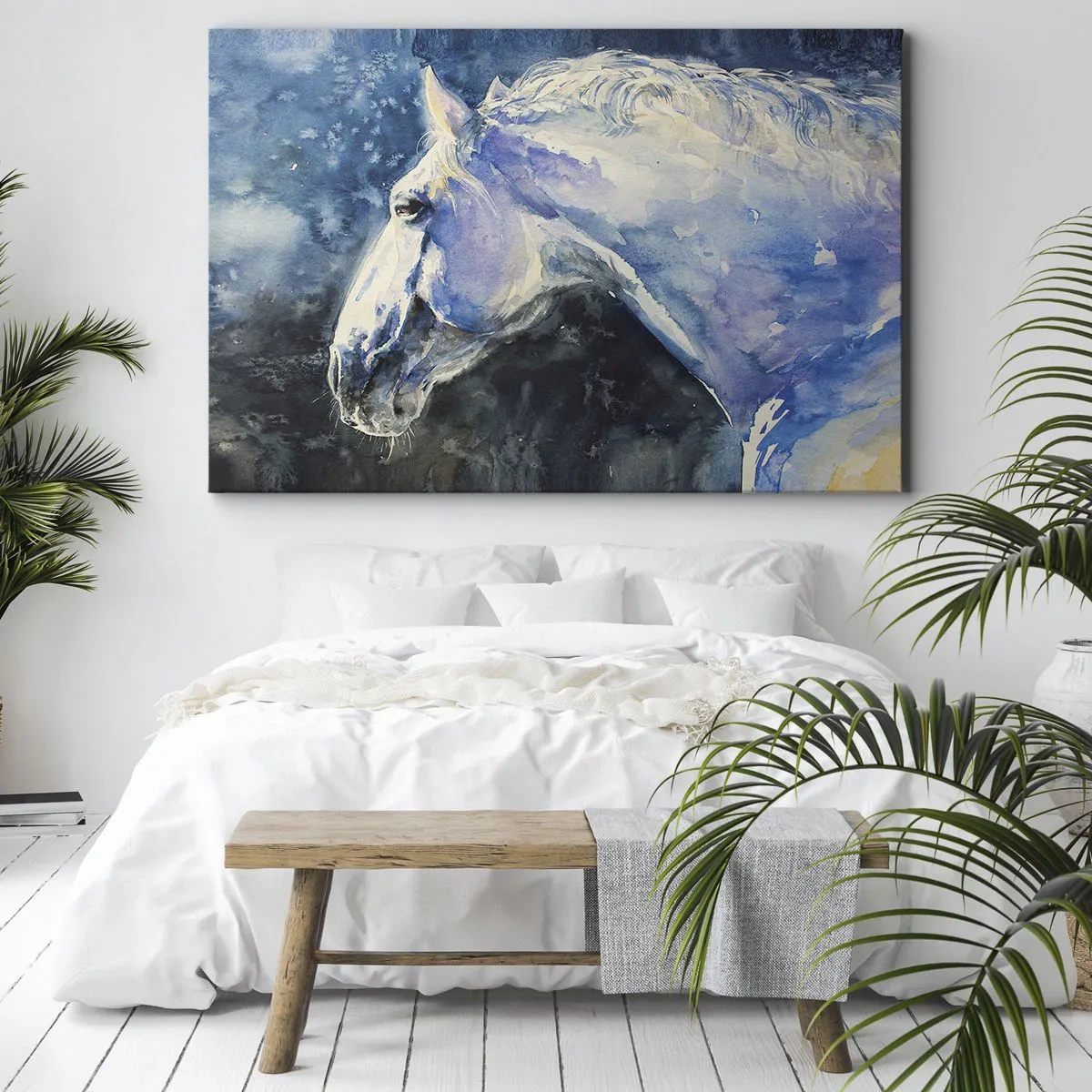 Bild auf Leinwand - Leinwandbild - Ein Porträt eines Pferdes in Blautönen mit malerischem Aquarelleffekt. - 100x70cm - Porträt in blauem Glanz - Moderne Wanddekoration für Wohnzimmer und Schlafzimmer ARTTOR