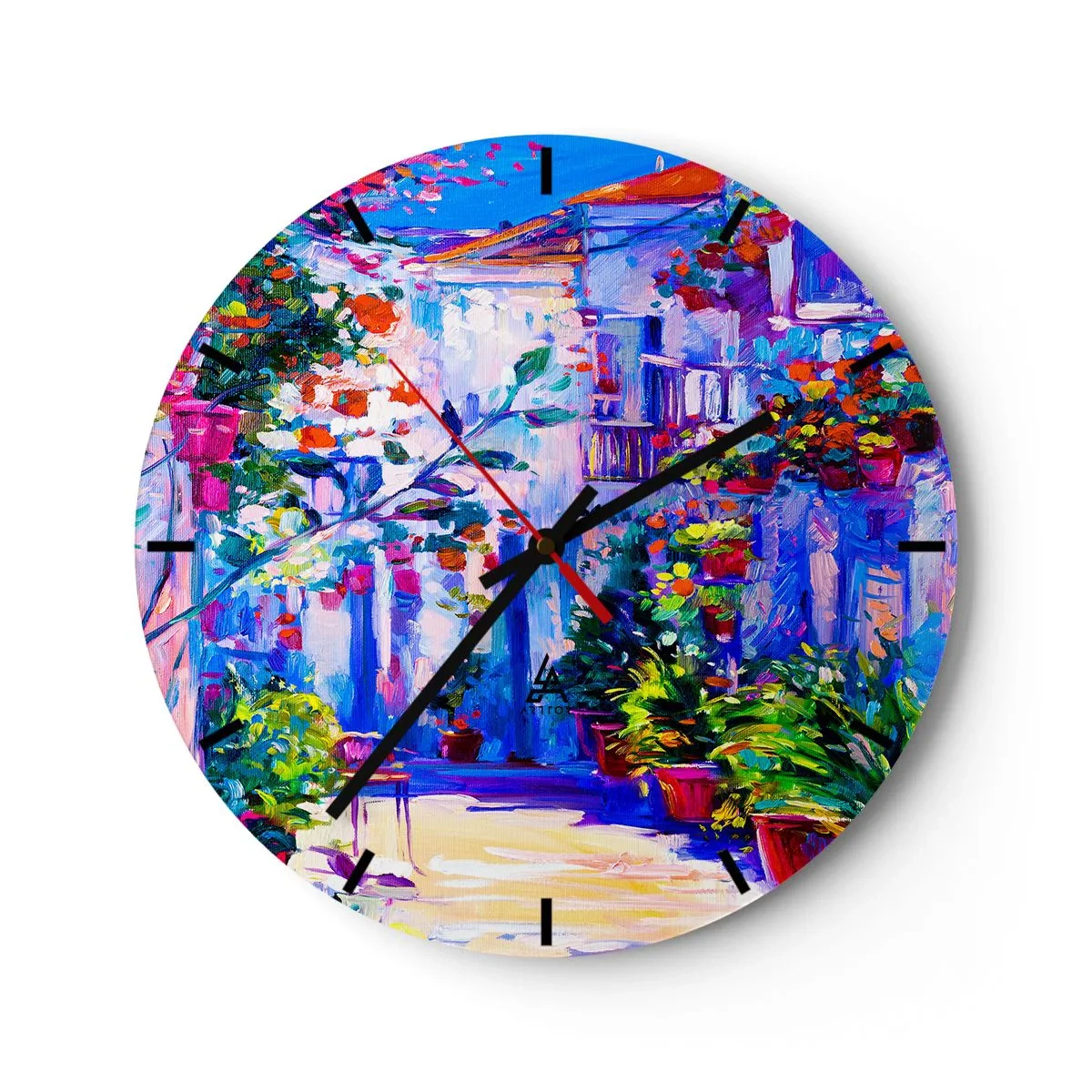 Wanduhr - Glasuhr - Ein bezaubernder Innenhof voller Blumen in intensiven Farben - 30x30cm - Impresja - eine italienische Straße - Moderne Wanddekoration für Wohnzimmer, Küche und Schlafzimmer ARTTOR