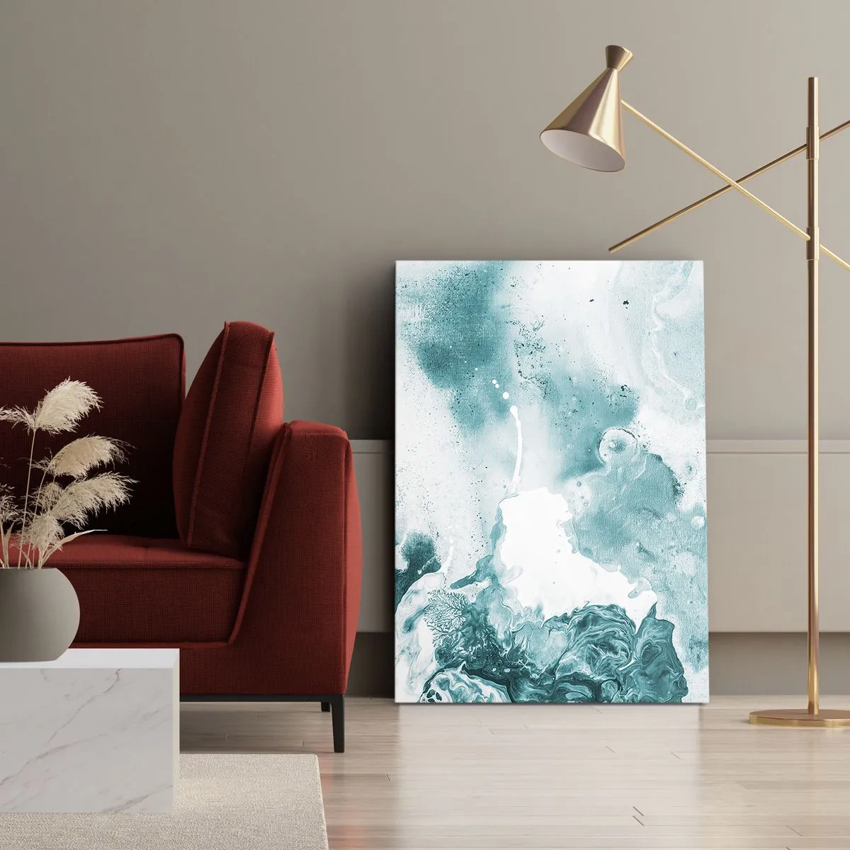 Bild auf Leinwand - Leinwandbild - Abstraktion in Blautönen mit zarten Akzenten in Weiß - 50x70cm - Morast von Blau - Moderne Wanddekoration für Wohnzimmer und Schlafzimmer ARTTOR