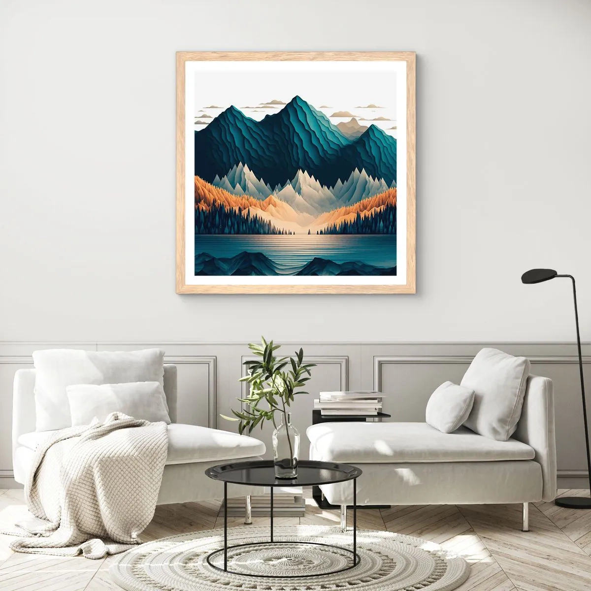 Poster in einem Rahmen aus heller Eiche - Perfekte Berglandschaft - 60x60 cm