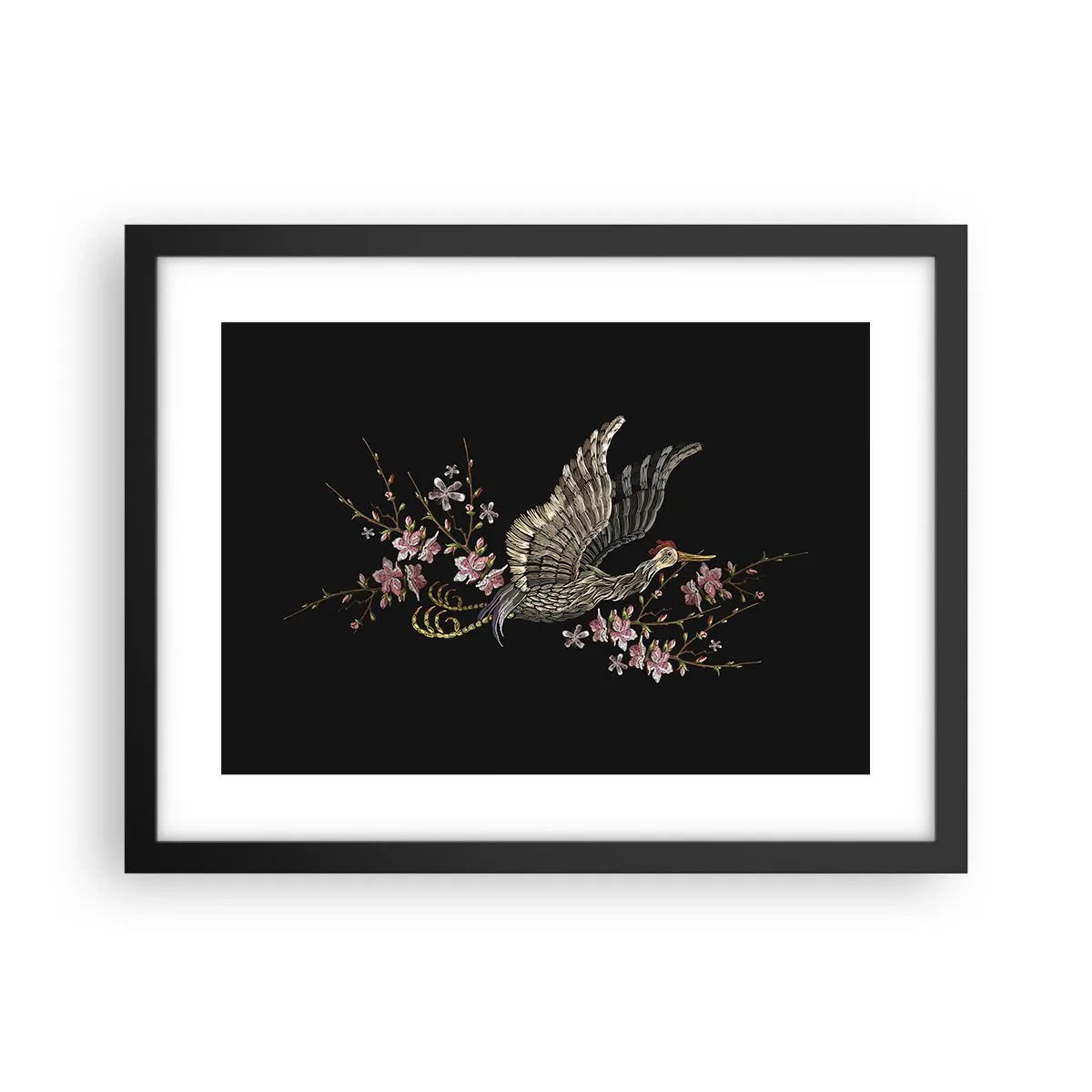 Poster in einem schwarzem Rahmen - Exotischer gestickter Vogel - 40x30 cm