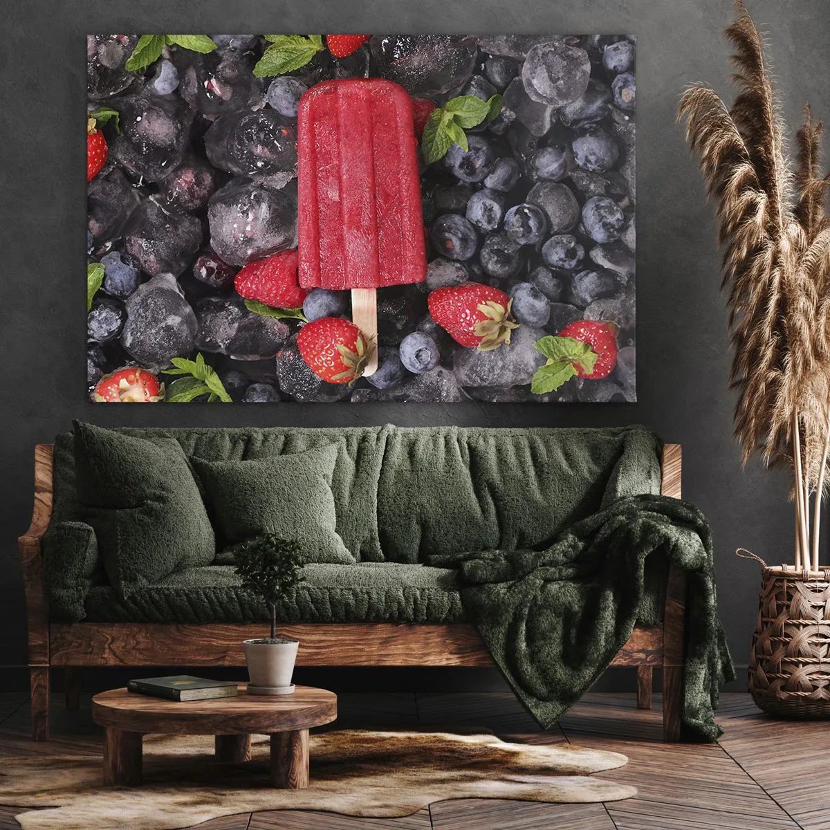 Bild auf Leinwand - Leinwandbild - Rotes Eis am Stiel, umgeben von Früchten und Eis - 120x80cm - So schmeckt der heiße Sommer - Moderne Wanddekoration für Wohnzimmer und Schlafzimmer ARTTOR