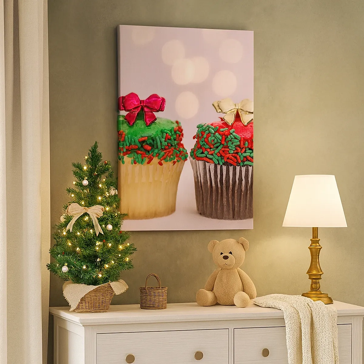 Bild auf Leinwand - Leinwandbild - Weihnachts-Cupcakes mit bunten Streuseln und Schleifen - 50x70cm - Süßigkeiten bis zu der Schleife - Moderne Wanddekoration für Wohnzimmer und Schlafzimmer ARTTOR