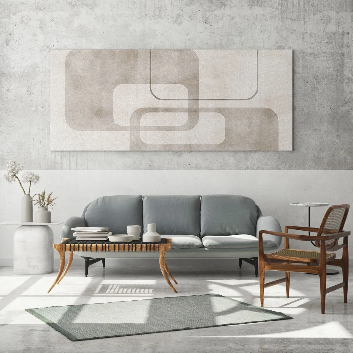 Glasbild - Bild auf glas - Eine minimalistische Komposition mit Rechtecken in Beigetönen auf dezentem Hintergrund. - 120x50cm - Geometrische Fuge - Moderne Wanddekoration für Wohnzimmer und Schlafzimmer ARTTOR