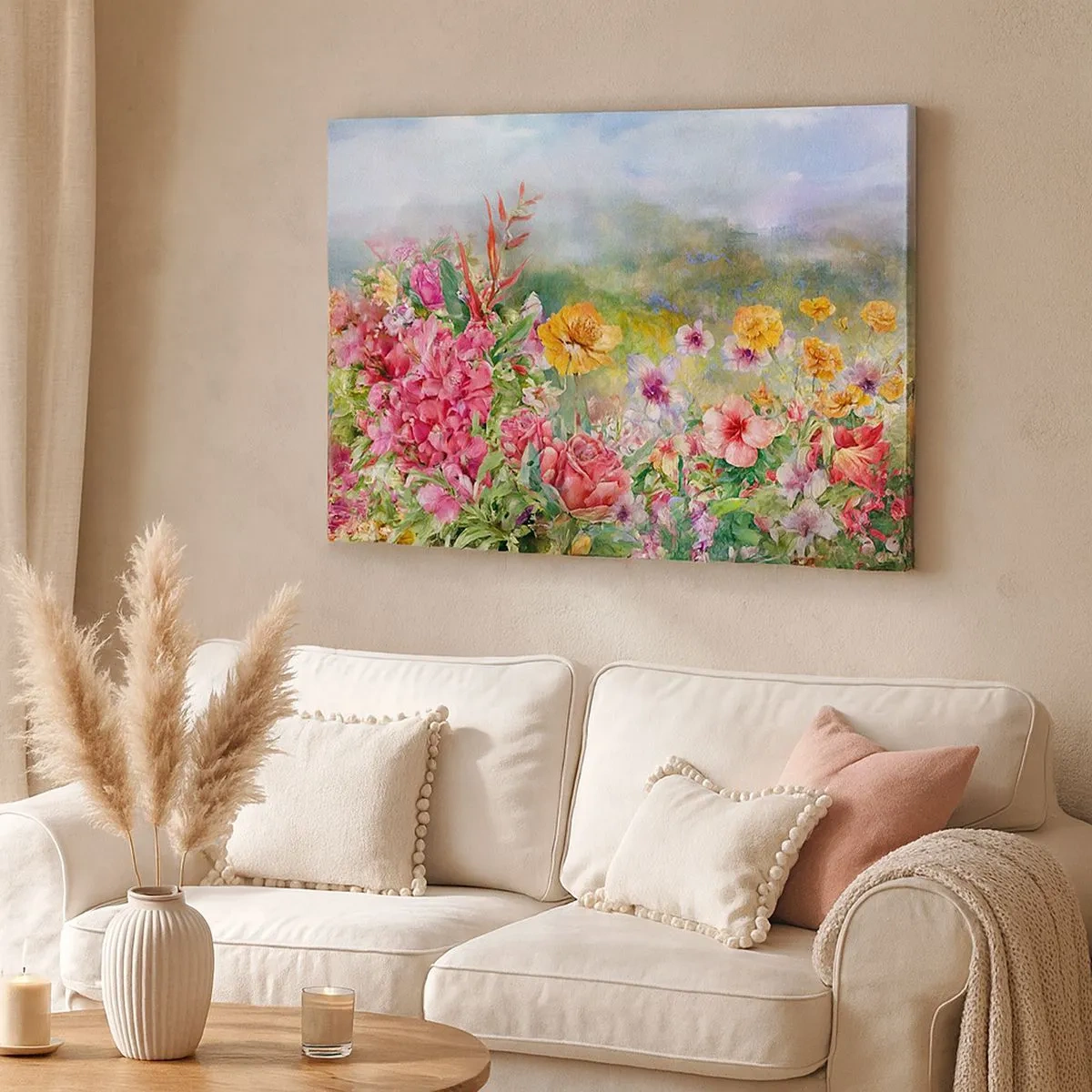 Bild auf Leinwand - Leinwandbild - Eine farbenfrohe Blumenkomposition vor einem pastellfarbenen Landschaftshintergrund - 70x50cm - Ein Garten, der verrückt geworden ist - Moderne Wanddekoration für Wohnzimmer und Schlafzimmer ARTTOR