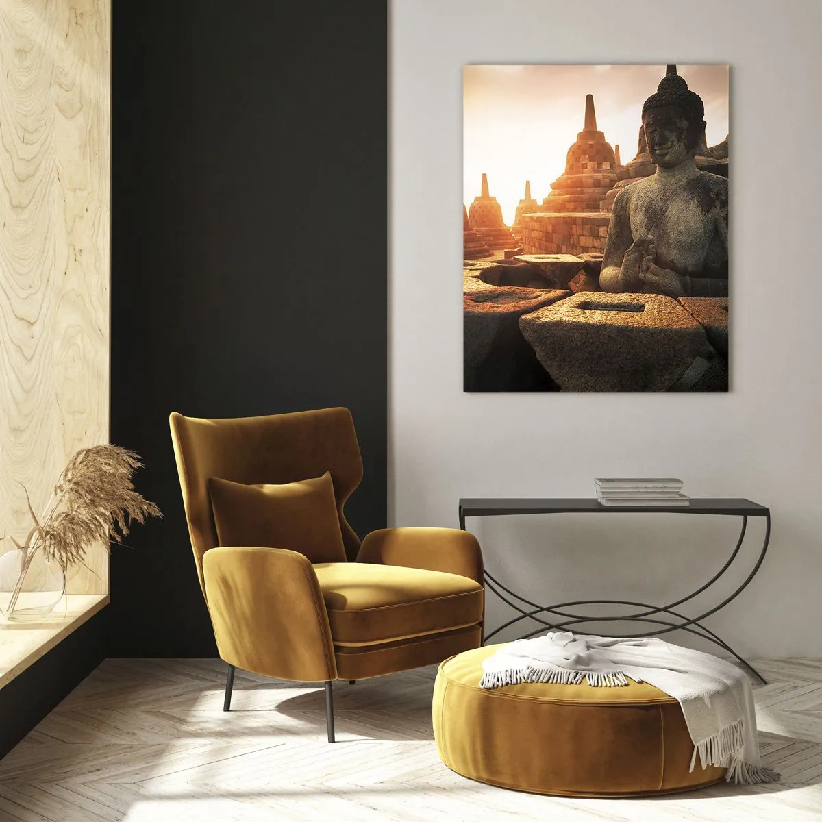 Glasbild - Bild auf glas - Eine von der untergehenden Sonne beleuchtete Buddha-Statue in einem alten Tempelkomplex - 50x70cm - Wetter der großen Weisheit - Moderne Wanddekoration für Wohnzimmer und Schlafzimmer ARTTOR