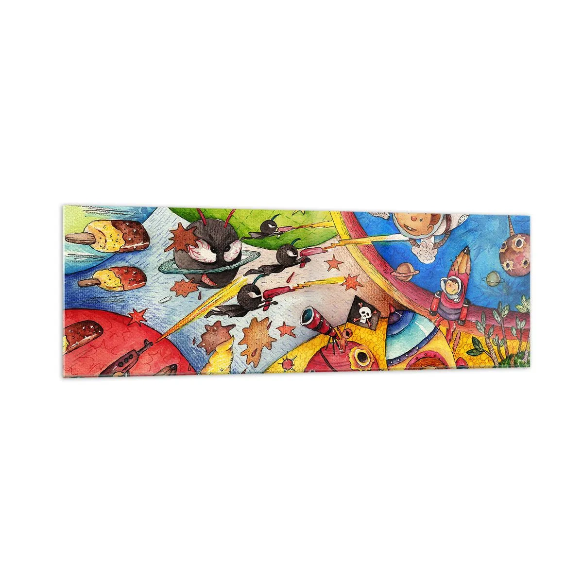 Glasbild - Bild auf glas - Eine bunte Weltraumszene voller Kinder und Raumschiffe - 160x50cm - Tolles Weltraumabenteuer - Moderne Wanddekoration für Wohnzimmer und Schlafzimmer ARTTOR