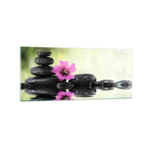 Glasbild - Bild auf glas - Zen-Steine und eine rosa Blume spiegeln sich im Wasser - 120x50cm - Zeit für die Seele - Moderne Wanddekoration für Wohnzimmer und Schlafzimmer ARTTOR