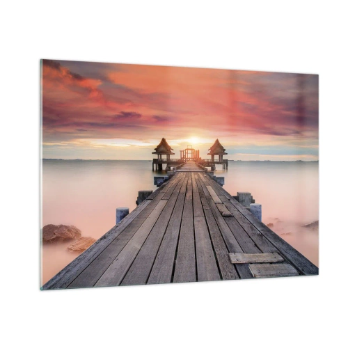 Glasbild - Bild auf glas - Holzsteg, der bei Sonnenuntergang zu Pavillons am Wasser führt - 100x70cm - Westen im Osten - Moderne Wanddekoration für Wohnzimmer und Schlafzimmer ARTTOR