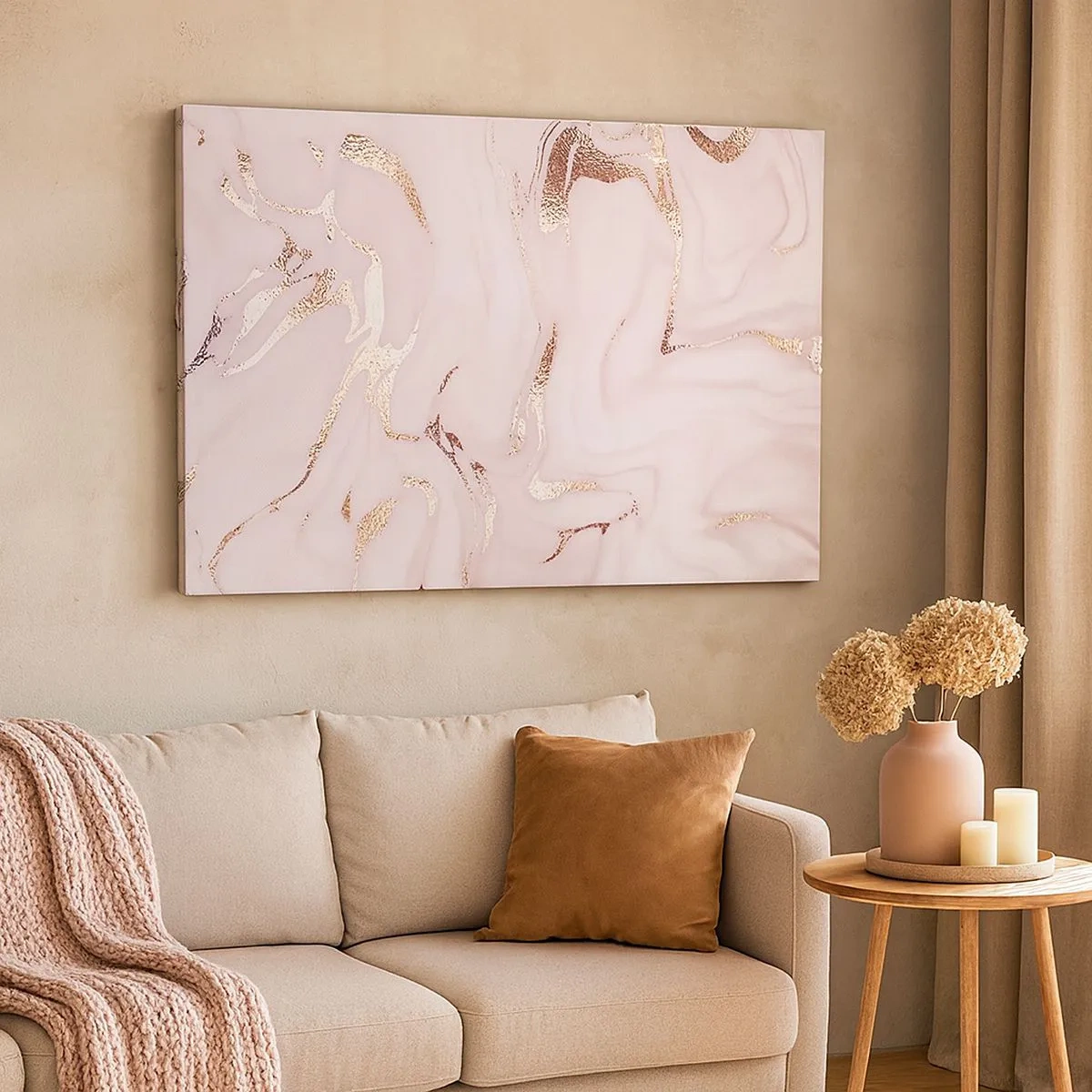 Bild auf Leinwand - Leinwandbild - Elegante Abstraktion in Rosa- und Goldtönen - 70x50cm - In einem rosa Schal - Moderne Wanddekoration für Wohnzimmer und Schlafzimmer ARTTOR