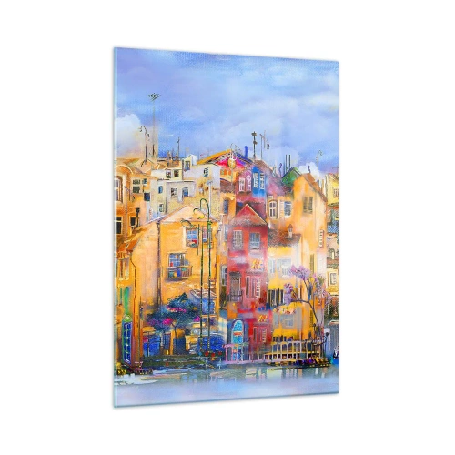 Glasbild - Bild auf glas - Bunte Mietshäuser in einem künstlerischen Stadtbild - 50x70cm - Wir sind zusammen - Moderne Wanddekoration für Wohnzimmer und Schlafzimmer ARTTOR