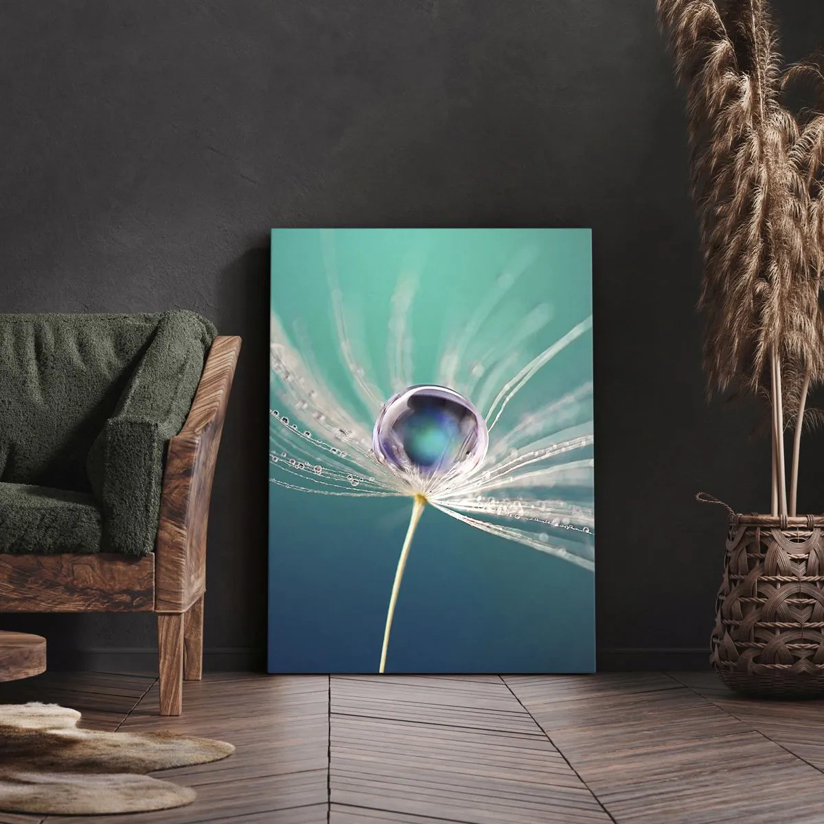 Bild auf Leinwand - Leinwandbild - Makroaufnahme eines Wassertropfens auf einem zarten Löwenzahnsamen - 50x70cm - Mystischer Moment - Moderne Wanddekoration für Wohnzimmer und Schlafzimmer ARTTOR