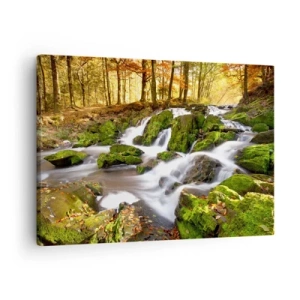 Bild auf Leinwand - Leinwandbild - Eine bewaldete Landschaft mit einem von Moos umgebenen Wasserfall - 70x50cm - Rasch durch den herbstlichen Wald - Moderne Wanddekoration für Wohnzimmer und Schlafzimmer ARTTOR