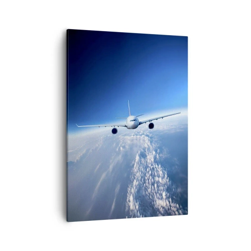 Bild auf Leinwand - Leinwandbild - Ein Flugzeug fliegt über den Wolken vor blauem Himmel - 50x70cm - Ich fliege, weil ich es kann - Moderne Wanddekoration für Wohnzimmer und Schlafzimmer ARTTOR