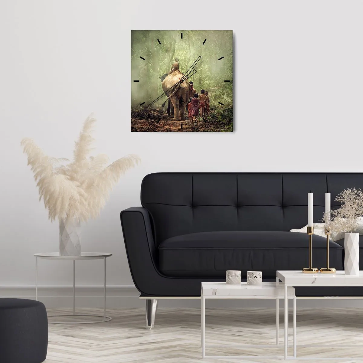 Wanduhr - Glasuhr - Kinder mit einem Elefanten in einem grünen Wald im Morgenlicht - 30x30cm - Neues Dschungelbuch - Moderne Wanddekoration für Wohnzimmer und Schlafzimmer ARTTOR