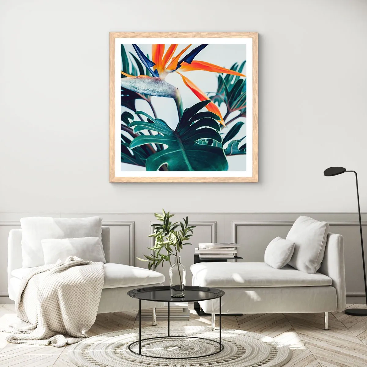 Poster in einem Rahmen aus heller Eiche - Vogelbusch - 40x40 cm