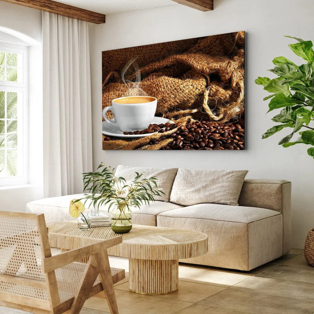 Bild auf Leinwand - Leinwandbild - Eine Tasse Kaffee, umgeben von einer Tüte Kaffeebohnen - 70x50cm - Der Geruch von Mokka und die Dicke der Honigflüssigkeit - Moderne Wanddekoration für Wohnzimmer und Schlafzimmer ARTTOR