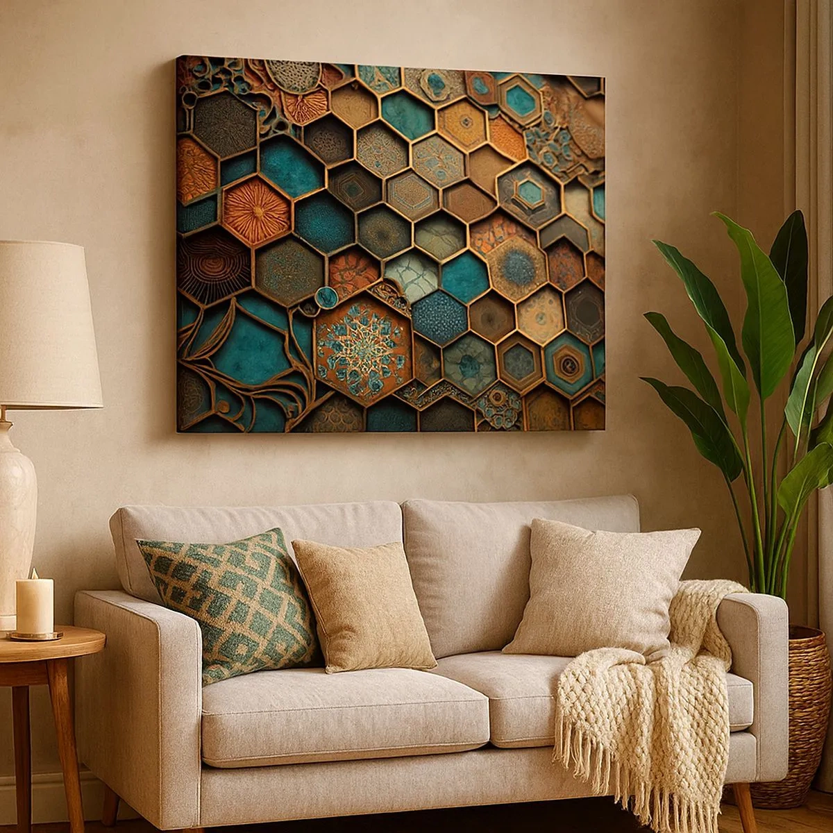 Bild auf Leinwand - Leinwandbild - Bunte Ornamente in sechseckigen Mustern - 70x50cm - Arabische Ornamente – Variation - Moderne Wanddekoration für Wohnzimmer und Schlafzimmer ARTTOR