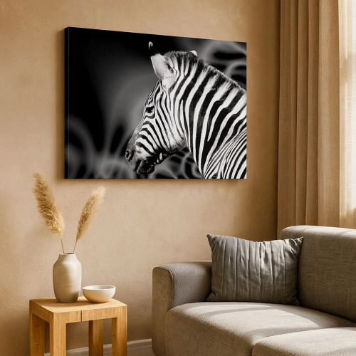 Bild auf Leinwand - Leinwandbild - Schwarz-Weiß-Porträt eines Zebras vor einem Hintergrund abstrakter Muster. - 70x50cm - Weiß ist weiß und schwarz ist schwarz - Moderne Wanddekoration für Wohnzimmer und Schlafzimmer ARTTOR