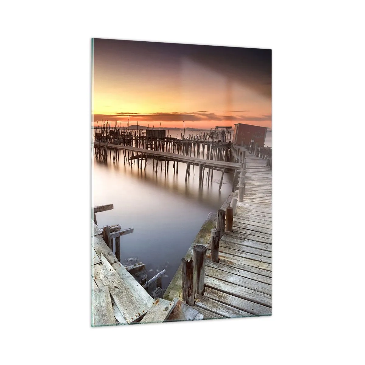 Glasbild - Bild auf glas - Holzstege bei Sonnenuntergang über einem ruhigen See - 50x70cm - Authentisch, keine Touristenattrappe - Moderne Wanddekoration für Wohnzimmer und Schlafzimmer ARTTOR