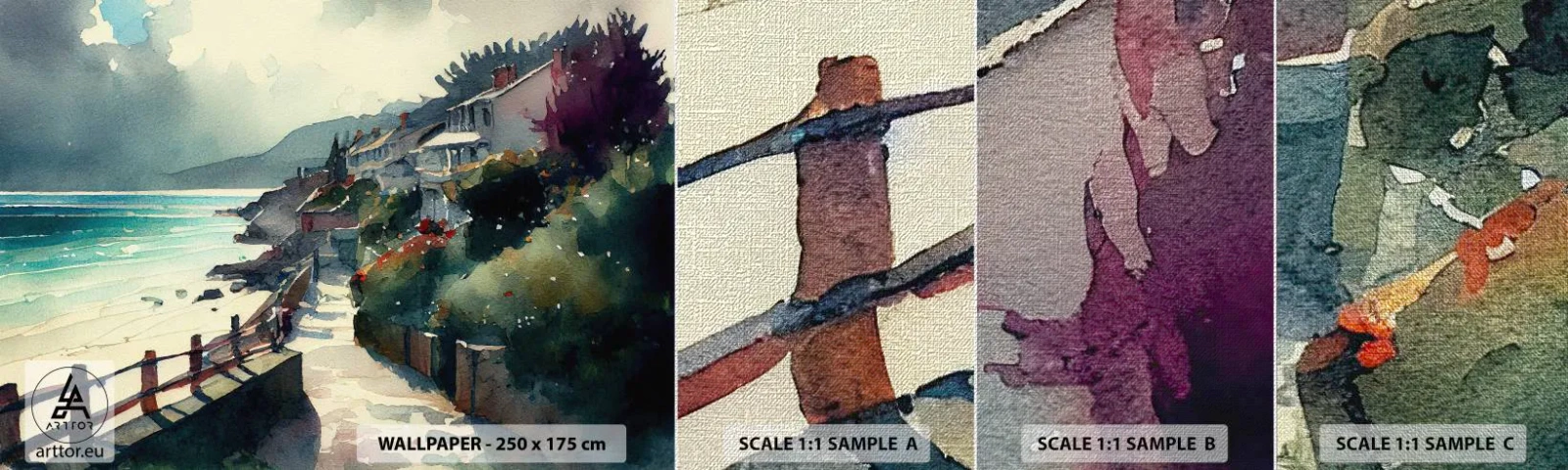 Fototapeten Muster Premium Canvas - Mittelmeerstadt - Häuser, Landschaft, Strand - 100x30 cm