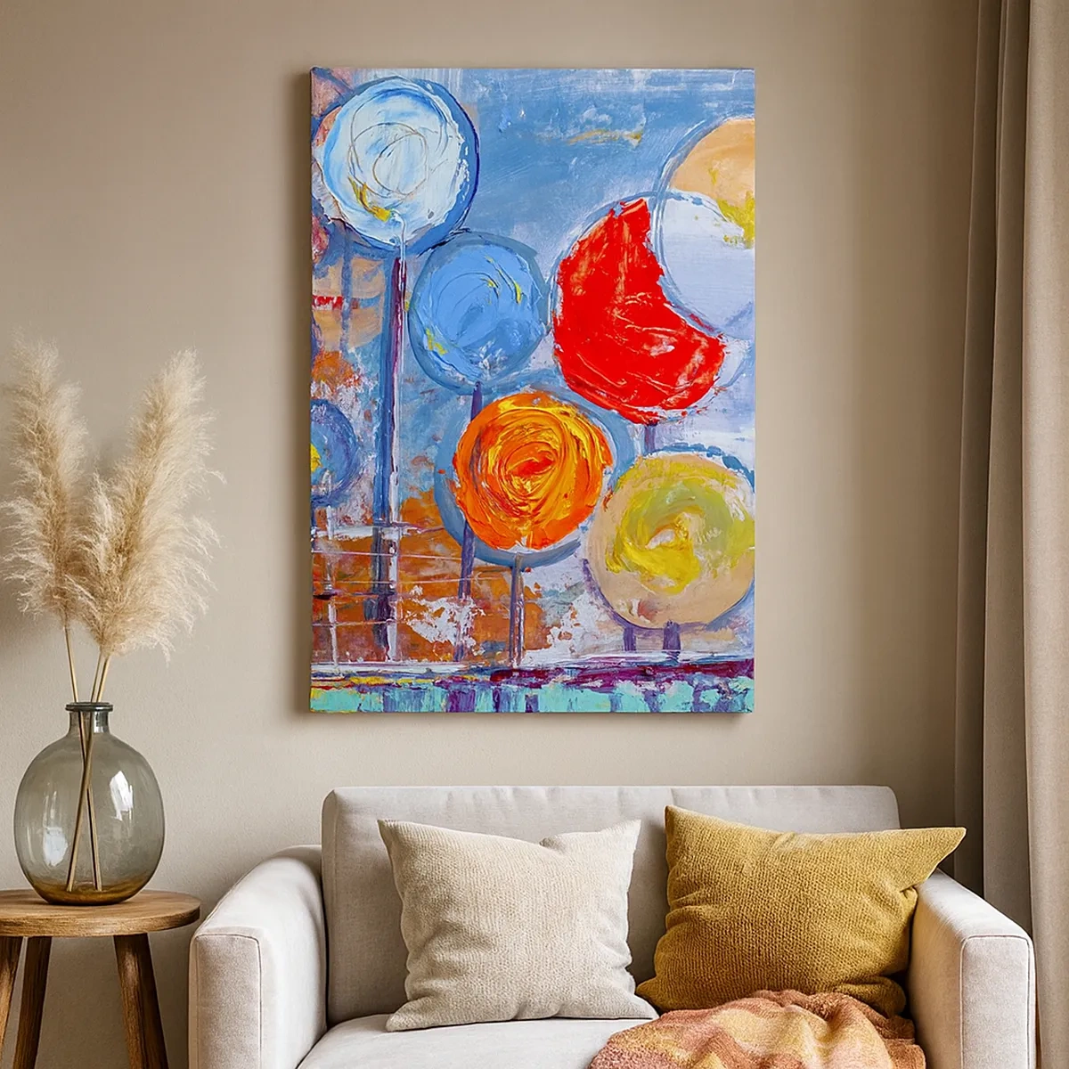 Bild auf Leinwand - Leinwandbild - Bunte abstrakte Bäume auf blauem Hintergrund - 50x70cm - Wunder am Stiel - Moderne Wanddekoration für Wohnzimmer und Schlafzimmer ARTTOR