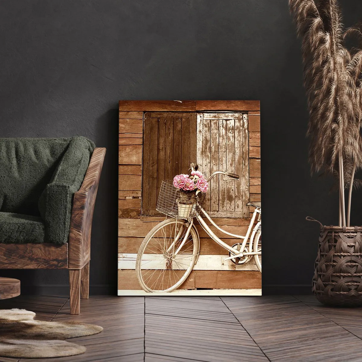 Bild auf Leinwand - Leinwandbild - Ein Fahrrad mit einem Korb voller Rosen vor einer Holzwand - 80x120cm - Ich komme gleich wieder - Moderne Wanddekoration für Wohnzimmer und Schlafzimmer ARTTOR