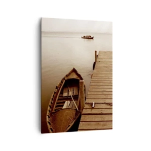 Bild auf Leinwand - Leinwandbild - Holzsteg und Boot auf einem ruhigen See - 70x100cm - Großer Frieden - Moderne Wanddekoration für Wohnzimmer und Schlafzimmer ARTTOR