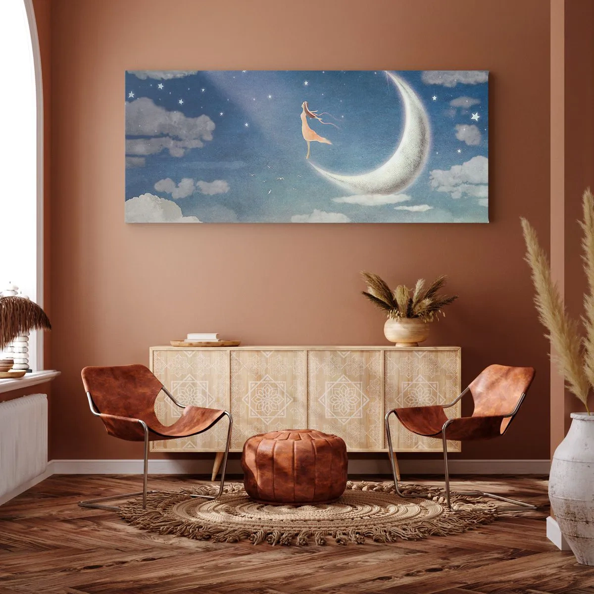 Bild auf Leinwand - Leinwandbild - Eine Frau im Mond, umgeben von Sternen und Wolken - 140x50cm - Blauer Freier - Moderne Wanddekoration für Wohnzimmer und Schlafzimmer ARTTOR