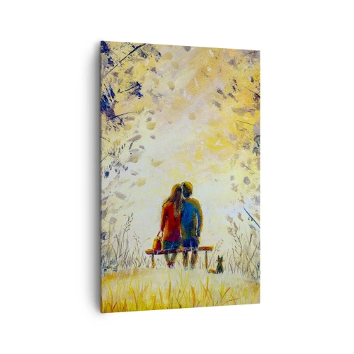 Bild auf Leinwand - Leinwandbild - Ein Paar sitzt auf einer Bank zwischen herbstlichen Bäumen im Sonnenlicht - 80x120cm - Magischer Augenblick - Moderne Wanddekoration für Wohnzimmer und Schlafzimmer ARTTOR